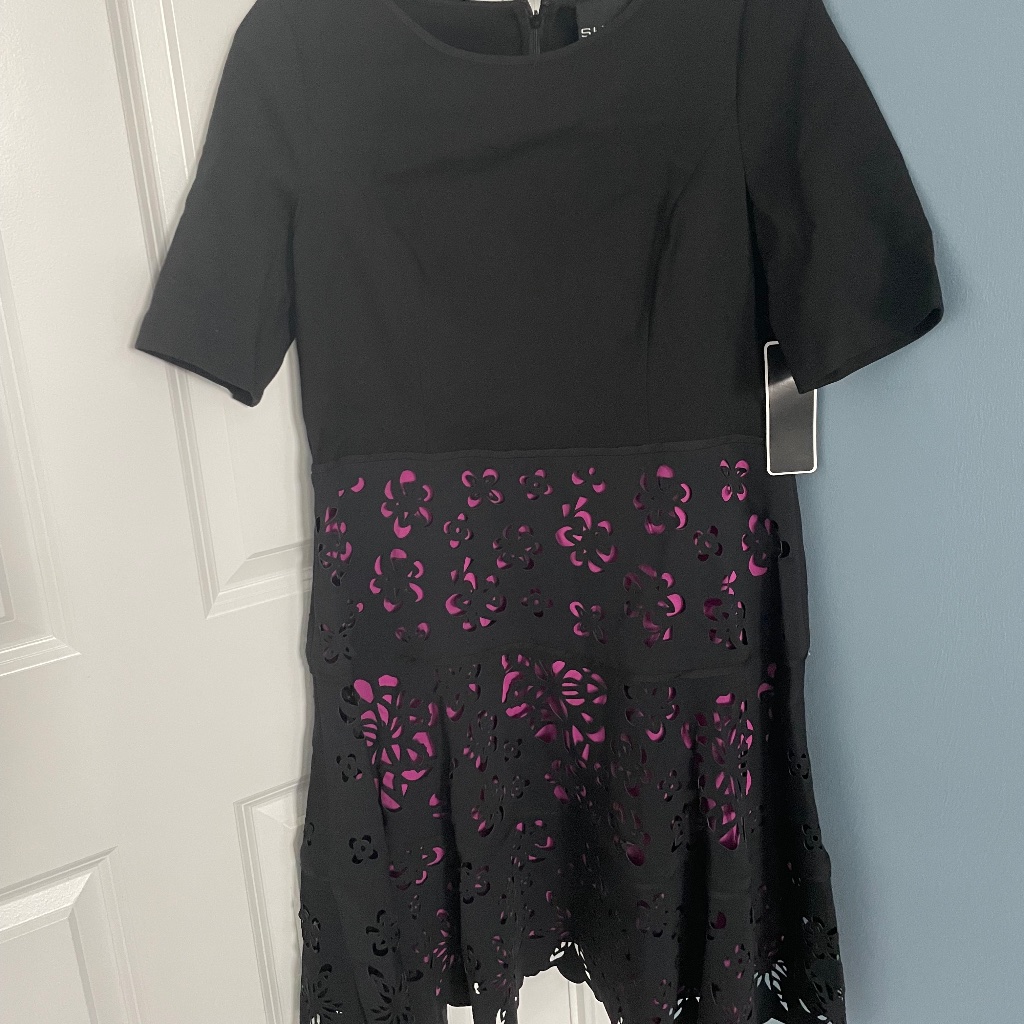 Shani Collection-Laser Cut Ponte Fit & Flare Black/Purple-Size 10-New With Tags
